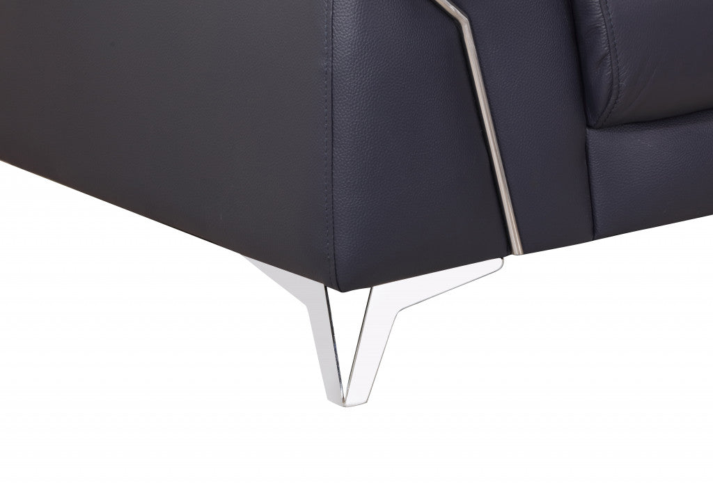 71" Navy Blue And Silver Genuine Leather Loveseat - Loft&Timber