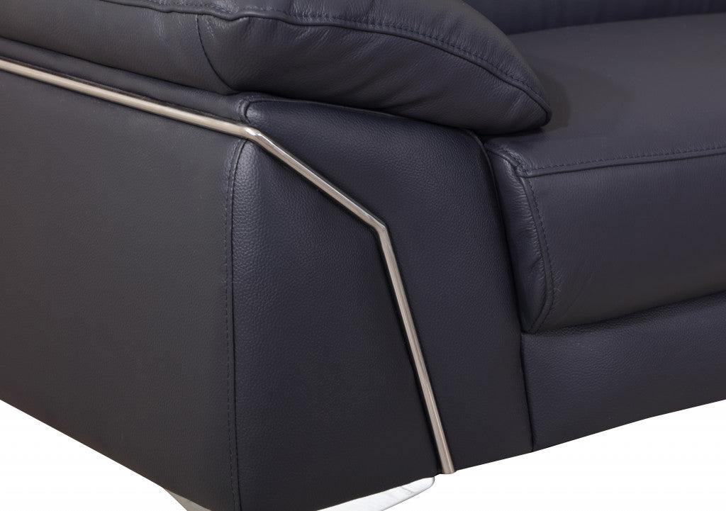 71" Navy Blue And Silver Genuine Leather Loveseat - Loft&Timber