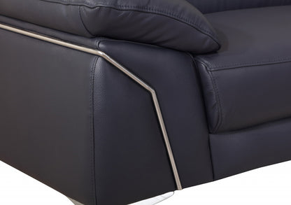 71" Navy Blue And Silver Genuine Leather Loveseat - Loft&Timber