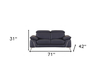 71" Navy Blue And Silver Genuine Leather Loveseat - Loft&Timber