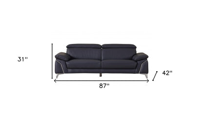 87" Blue Italian Leather Sofa With Silver Legs-7