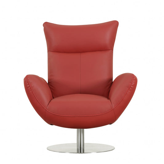 37" Red And Silver Genuine Leather Swivel Lounge Chair - Loft&Timber