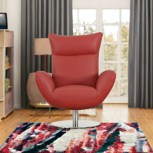 37" Red And Silver Genuine Leather Swivel Lounge Chair - Loft&Timber