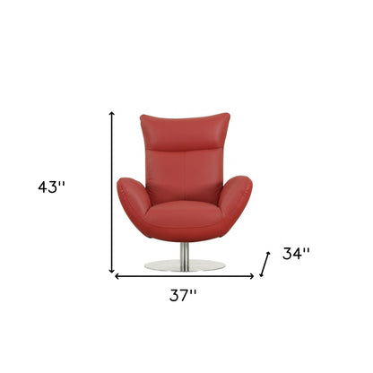 37" Red And Silver Genuine Leather Swivel Lounge Chair - Loft&Timber
