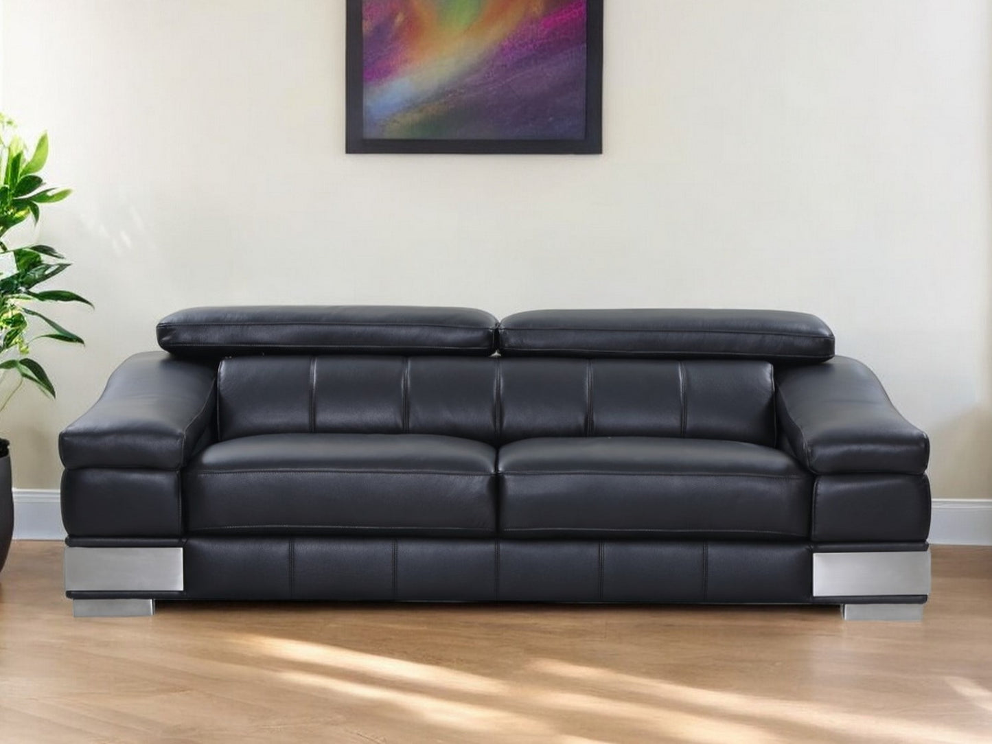 92" Black Italian Leather Sofa With Silver Legs-0