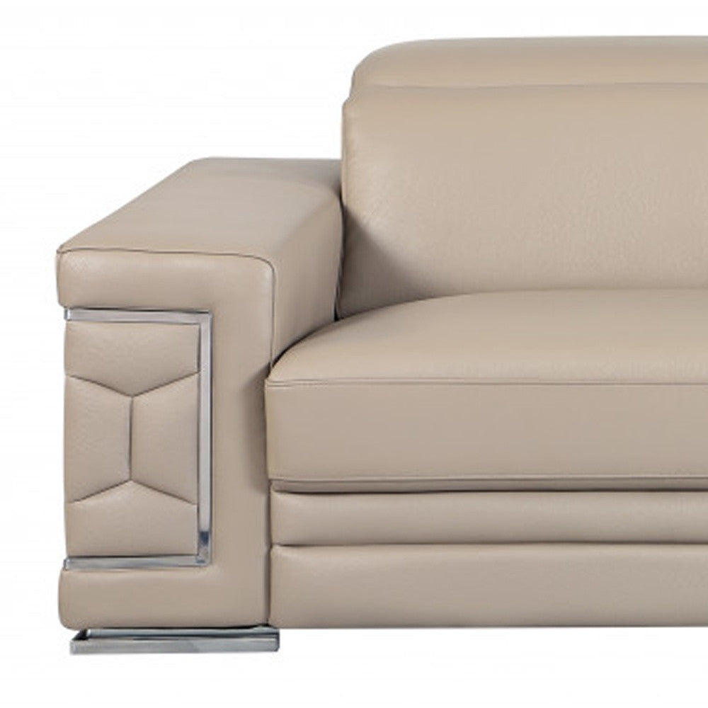 89" Beige Italian Leather Sofa With Silver Legs-5