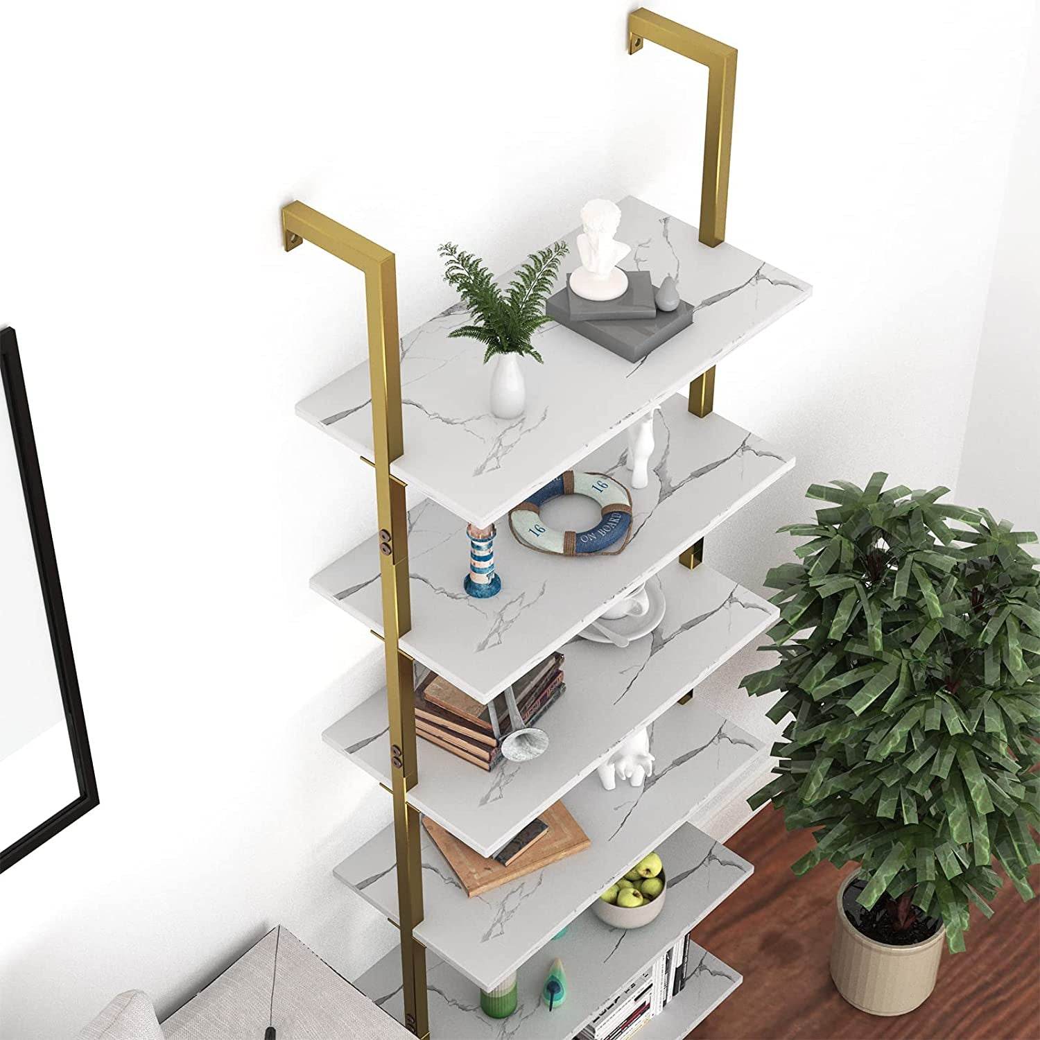 Marble White 6-Tier Ladder Shelf Bookcase - Loft&Timber