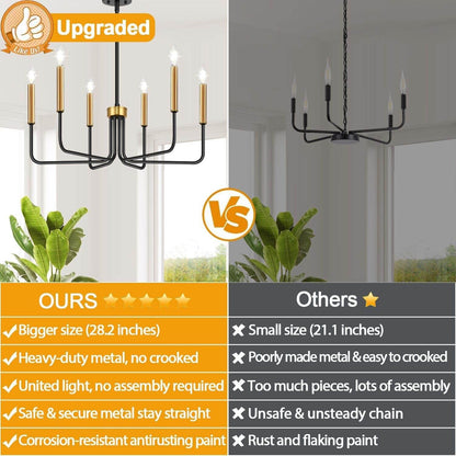 Black and Gold Chandelier, 6-Light Farmhouse Chandelier for Dining Room Lighting Fixtures Hanging, Dining Light Fixtures Industrial Modern Chandelier for Bedroom, Foyer, Living Room and Entryway - Loft&Timber