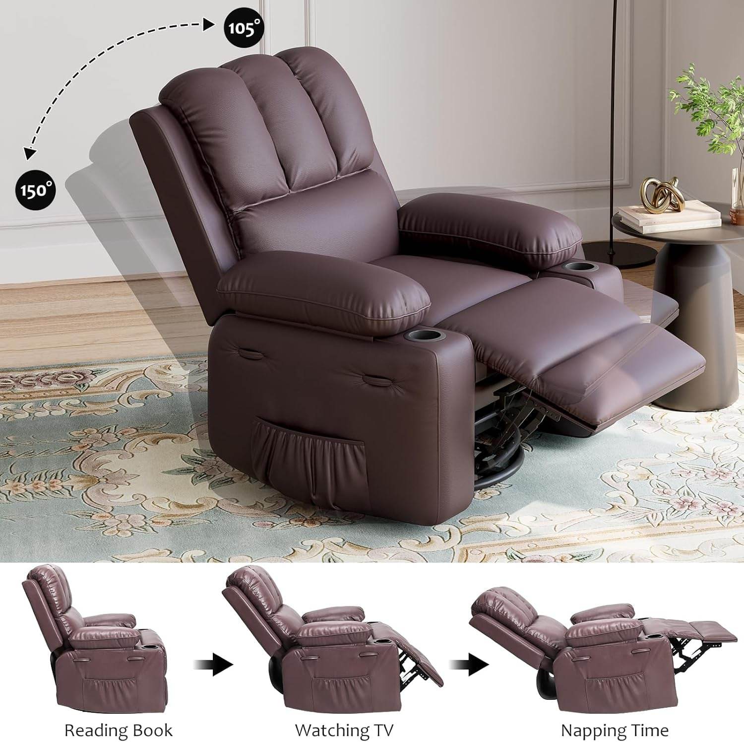 Leather Recliner Chair, Manual Recliner W/Comfortable Arms and Cup Holders for Living Room CF8011 - Brown, Medium - Loft&Timber