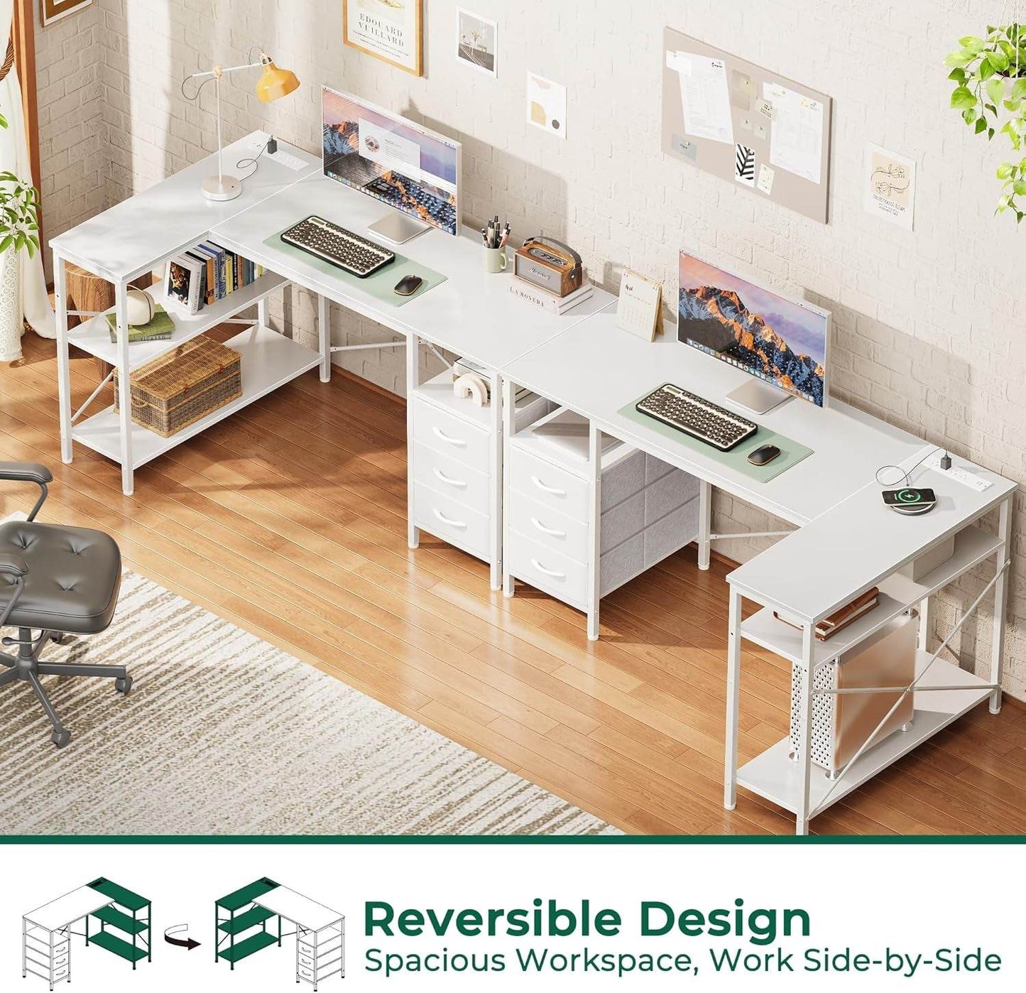 L Shaped Desk with Power Outlets in White - Loft&Timber