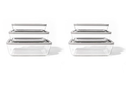 Glass Food Storage Containers - 12 Piece (6 Containers + 6 Lids) Rectangular Nesting Space-Saving Set - Loft&Timber