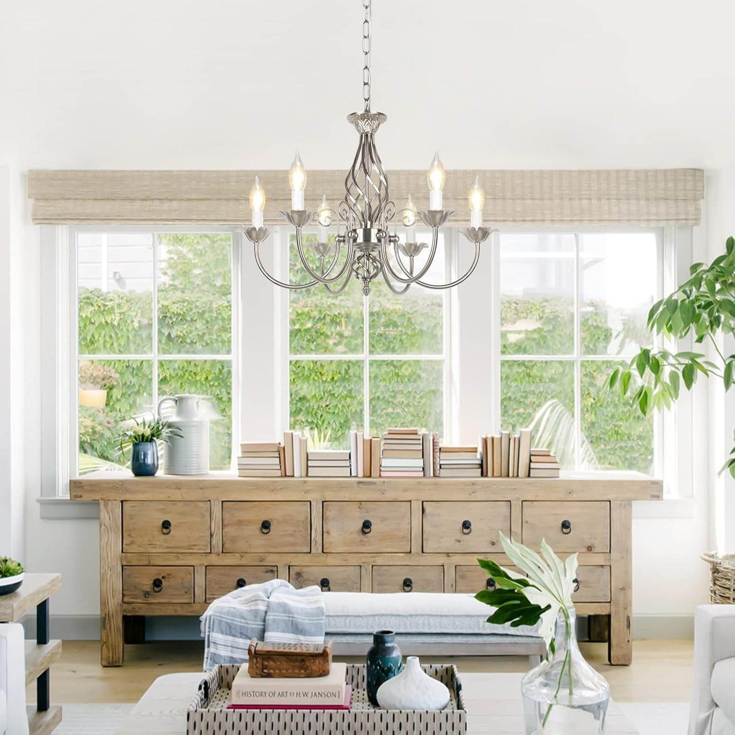 6-Light Farmhouse Candle Chandelier for Living Room, Rustic Industrial Pendant Ceiling Light Fixture, Brushed Nickle Modern Ceiling Hanging Lamp for Bedroom Hallway Kitchen Dining Room Foyer, E12 Base - Loft&Timber