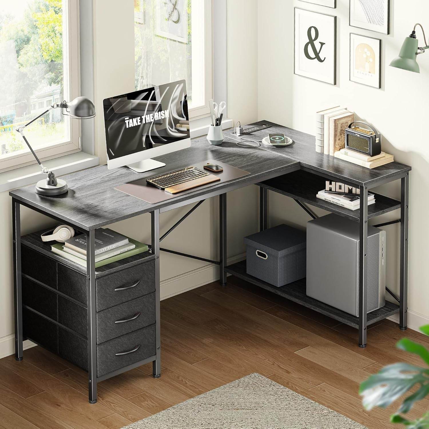 L Shaped Desk with Power Outlets in Gray - Loft&Timber