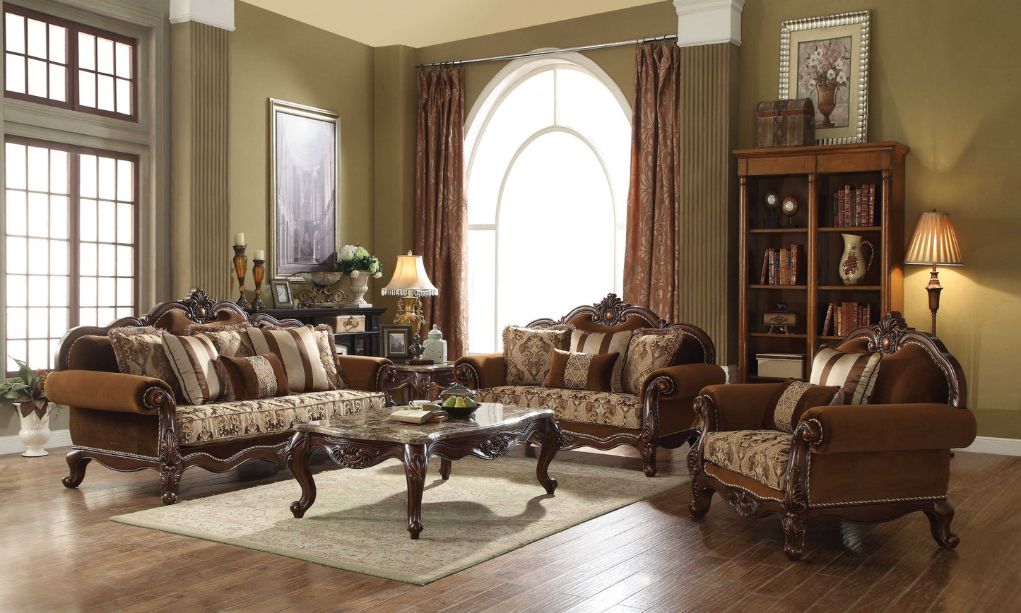 69" Brown Damask Chesterfield Loveseat and Toss Pillows - Loft&Timber