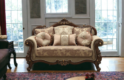 69" Beige and Gold And Brown Velvet Paisley Loveseat and Toss Pillows - Loft&Timber