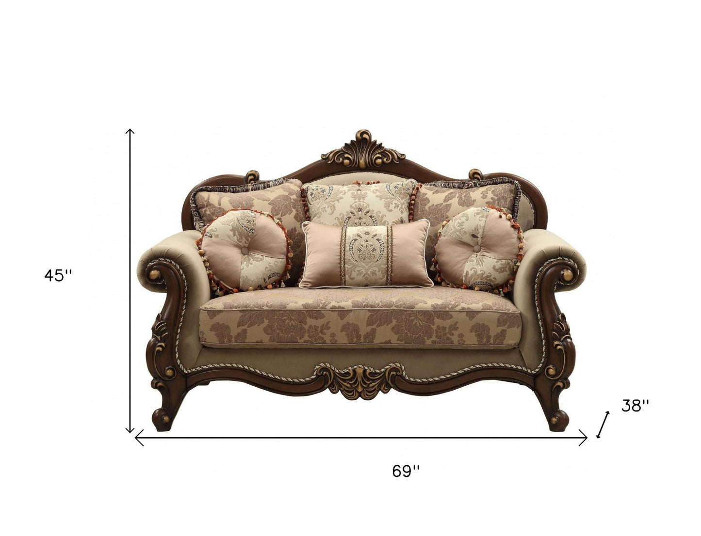 69" Beige and Gold And Brown Velvet Paisley Loveseat and Toss Pillows - Loft&Timber