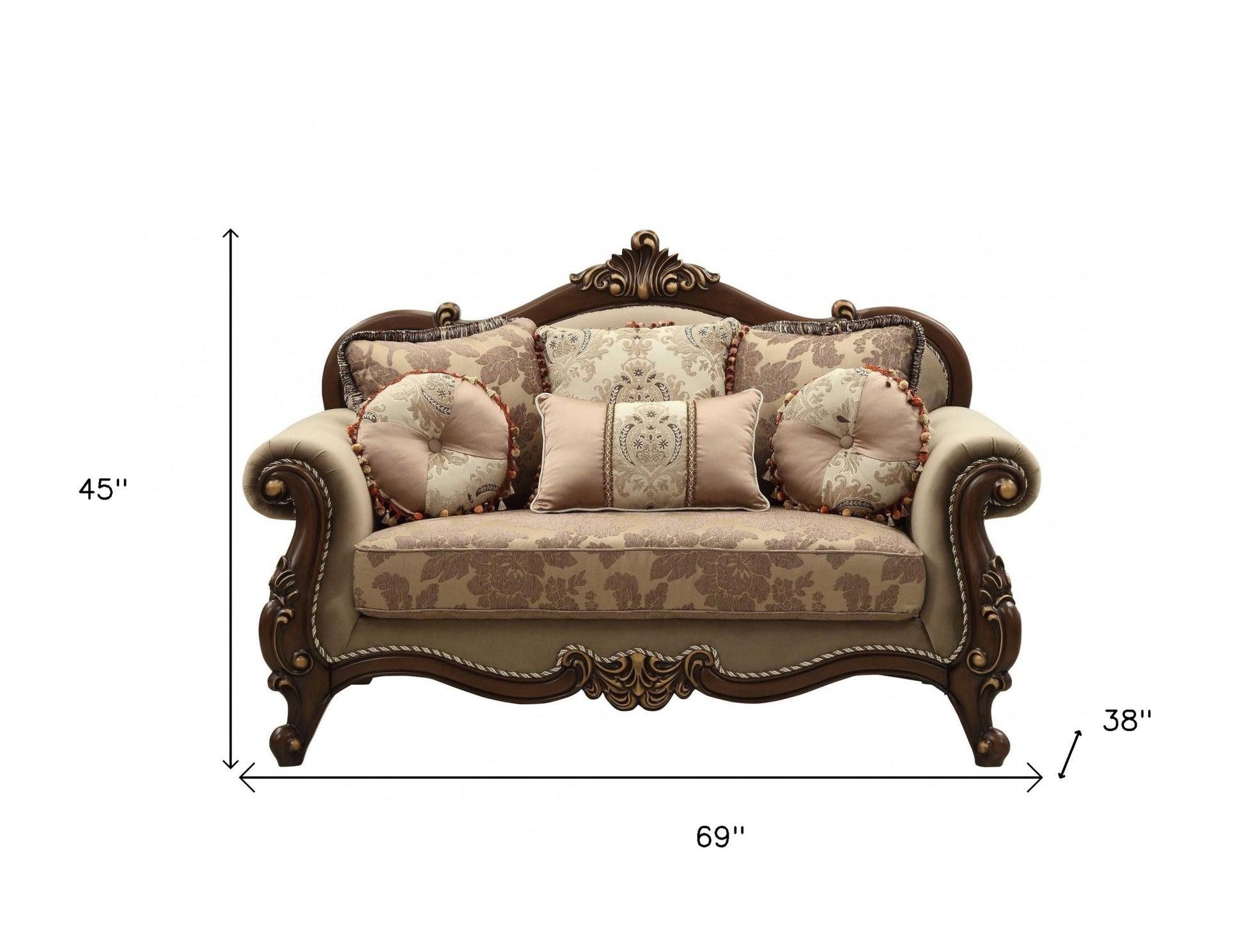 69" Beige and Gold And Brown Velvet Paisley Loveseat and Toss Pillows - Loft&Timber