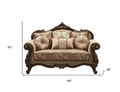 69" Beige and Gold And Brown Velvet Paisley Loveseat and Toss Pillows - Loft&Timber