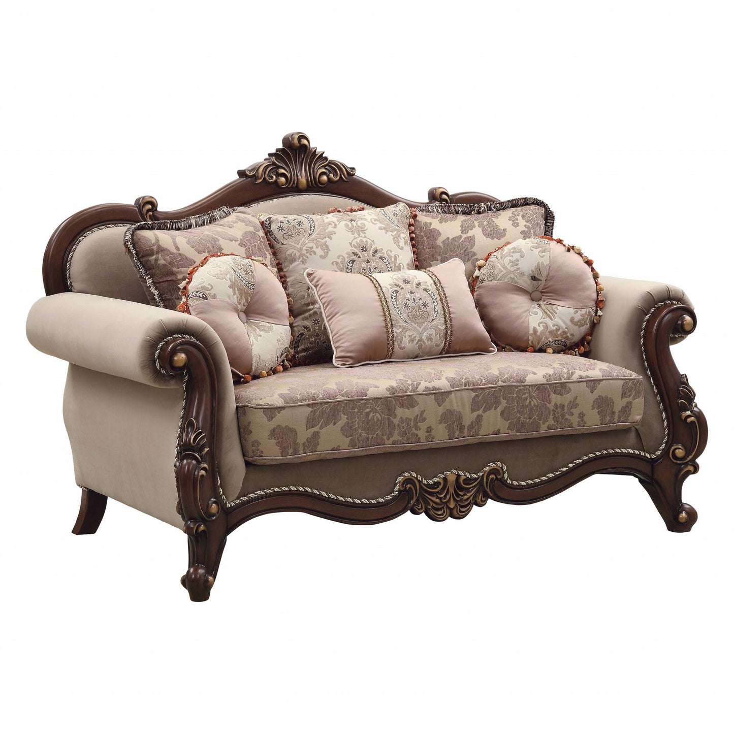 69" Beige and Gold And Brown Velvet Paisley Loveseat and Toss Pillows - Loft&Timber