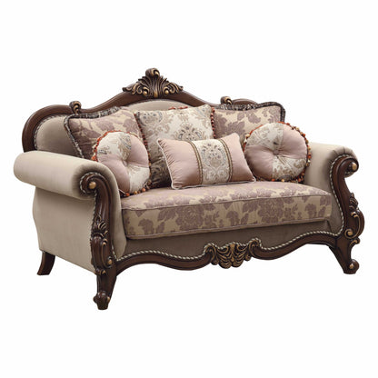 69" Beige and Gold And Brown Velvet Paisley Loveseat and Toss Pillows - Loft&Timber