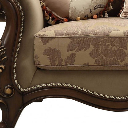 69" Beige and Gold And Brown Velvet Paisley Loveseat and Toss Pillows - Loft&Timber
