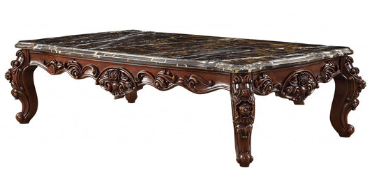 40" Dark Brown and Merlot Genuine Marble And Solid Wood Coffee Table - Loft&Timber