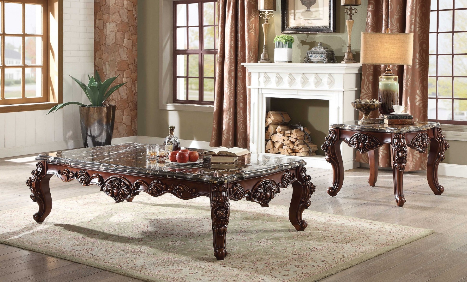 40" Dark Brown and Merlot Genuine Marble And Solid Wood Coffee Table - Loft&Timber