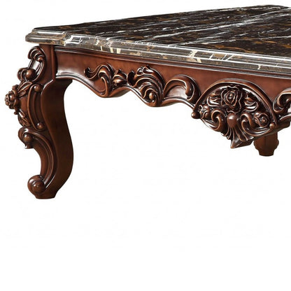 40" Dark Brown and Merlot Genuine Marble And Solid Wood Coffee Table - Loft&Timber