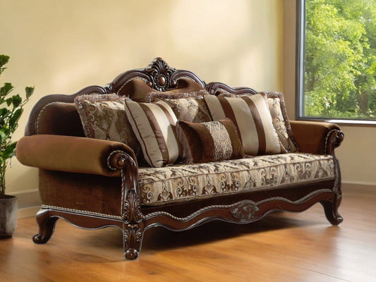 37" Oak Velvet Floral Sofa And Toss Pillows With Espresso Legs-0