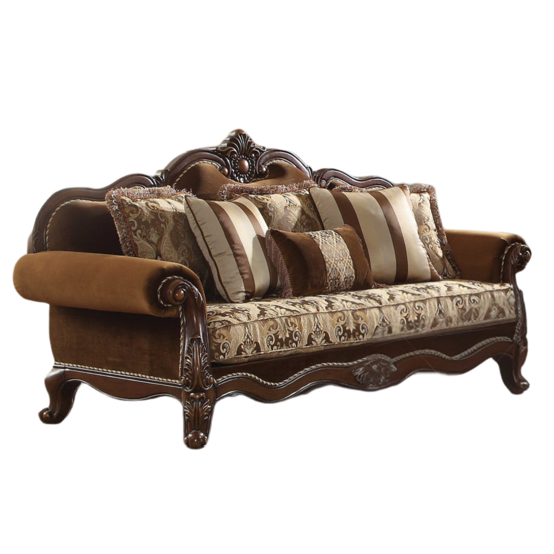 37" Oak Velvet Floral Sofa And Toss Pillows With Espresso Legs-2