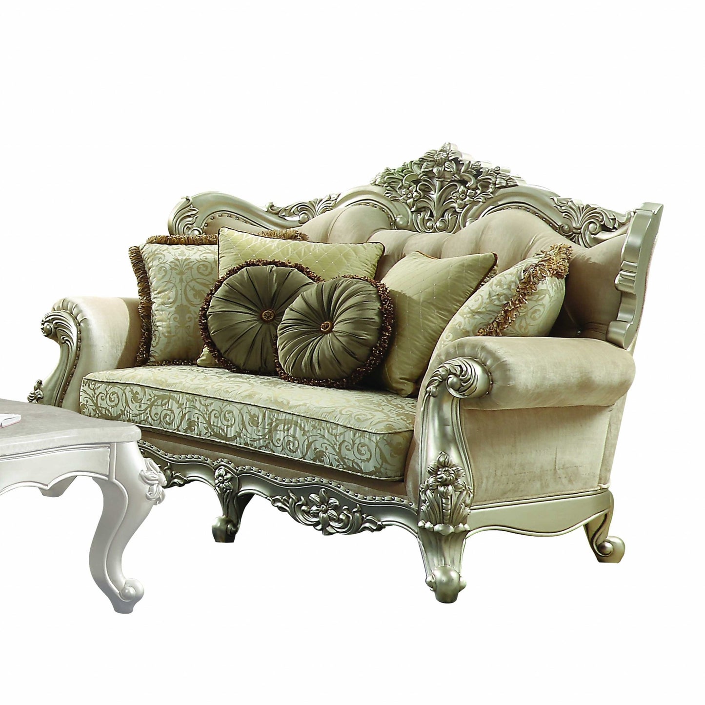 72" Green And Light Green Polyester Blend Damask Chesterfield Loveseat and Toss Pillows - Loft&Timber