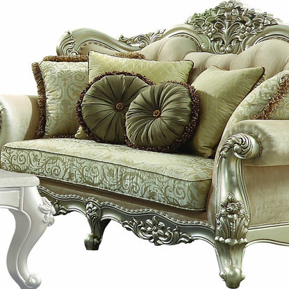 72" Green And Light Green Polyester Blend Damask Chesterfield Loveseat and Toss Pillows - Loft&Timber