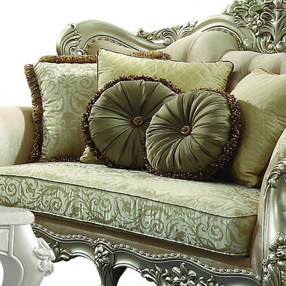 72" Green And Light Green Polyester Blend Damask Chesterfield Loveseat and Toss Pillows - Loft&Timber