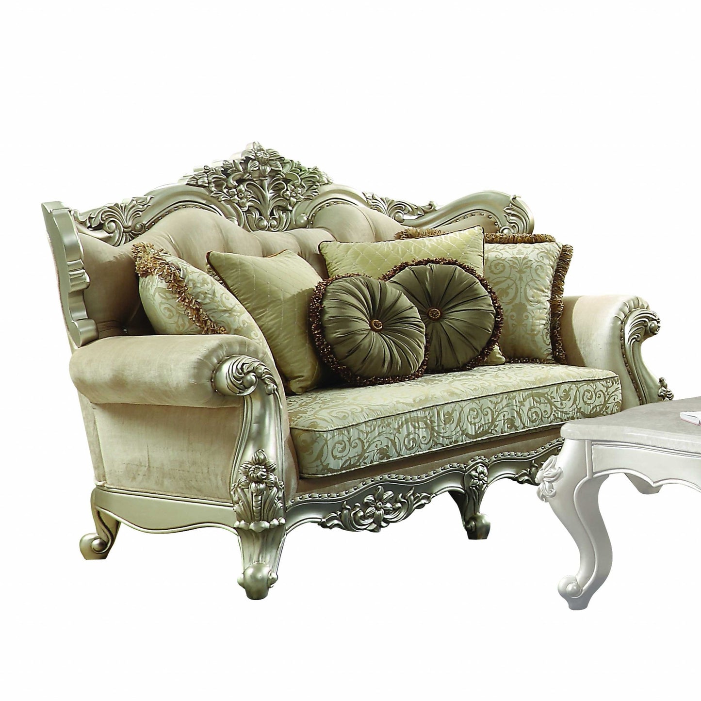72" Green And Light Green Polyester Blend Damask Chesterfield Loveseat and Toss Pillows - Loft&Timber
