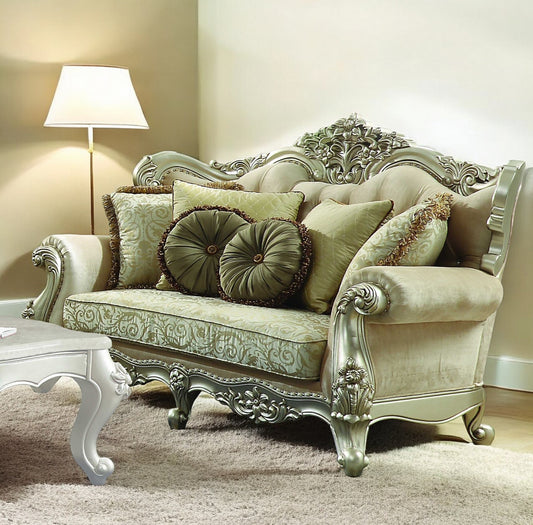 72" Green And Light Green Polyester Blend Damask Chesterfield Loveseat and Toss Pillows - Loft&Timber