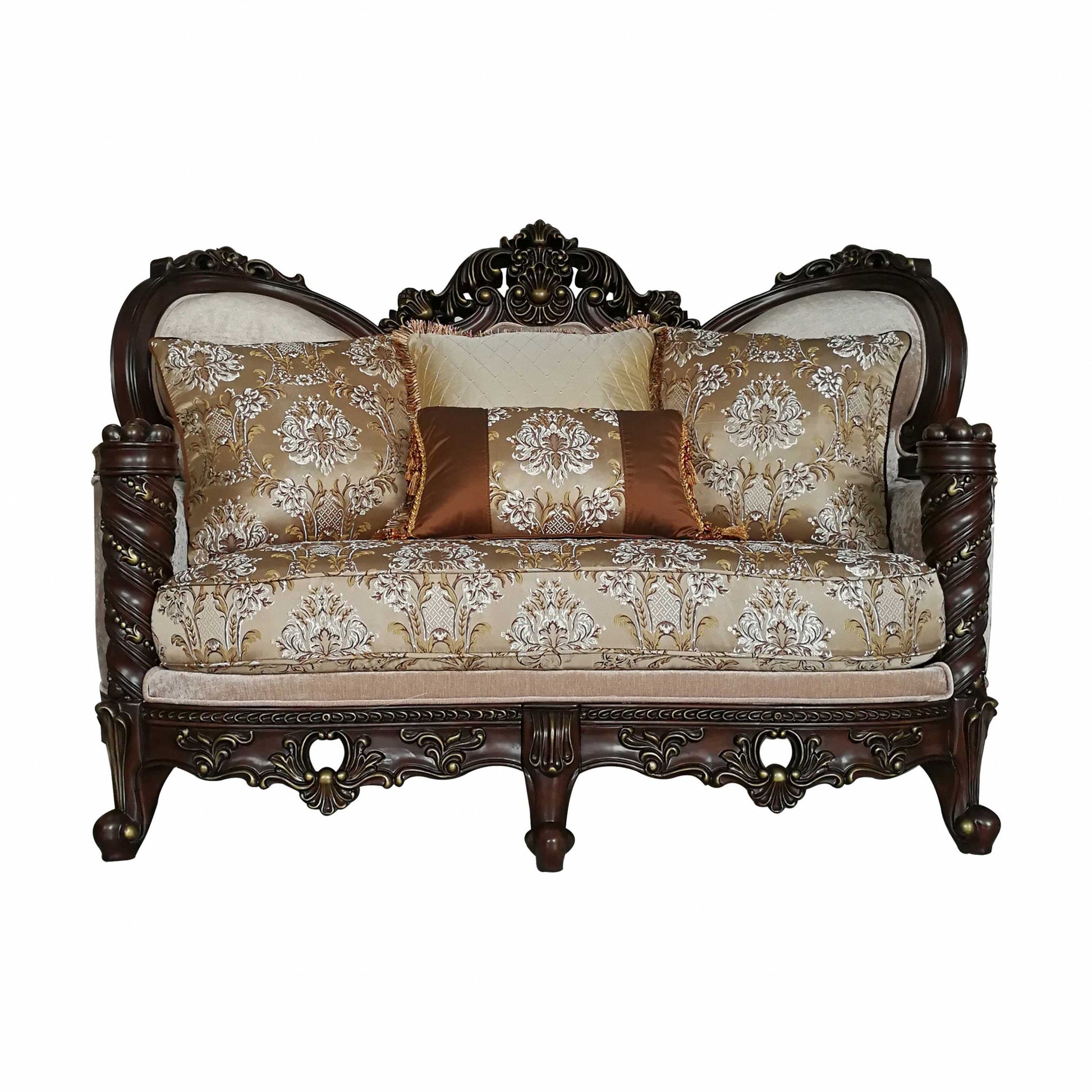 68" Cream And Brown Damask Chesterfield Loveseat and Toss Pillows - Loft&Timber