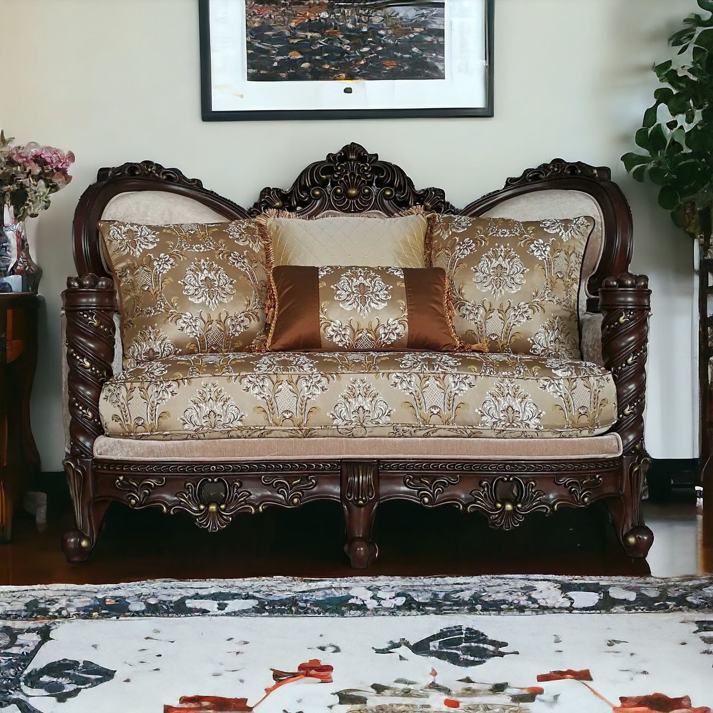 68" Cream And Brown Damask Chesterfield Loveseat and Toss Pillows - Loft&Timber