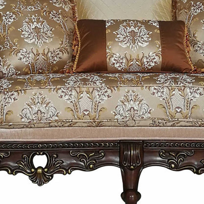 68" Cream And Brown Damask Chesterfield Loveseat and Toss Pillows - Loft&Timber