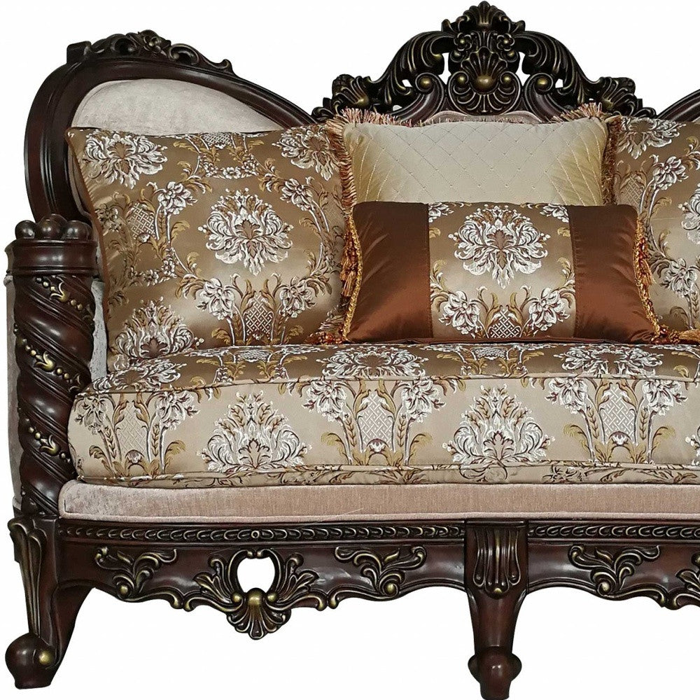 68" Cream And Brown Damask Chesterfield Loveseat and Toss Pillows - Loft&Timber