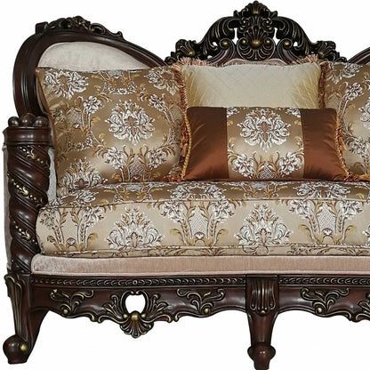 68" Cream And Brown Damask Chesterfield Loveseat and Toss Pillows - Loft&Timber