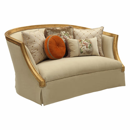 70" Tan And Gold Curved Loveseat and Toss Pillows - Loft&Timber