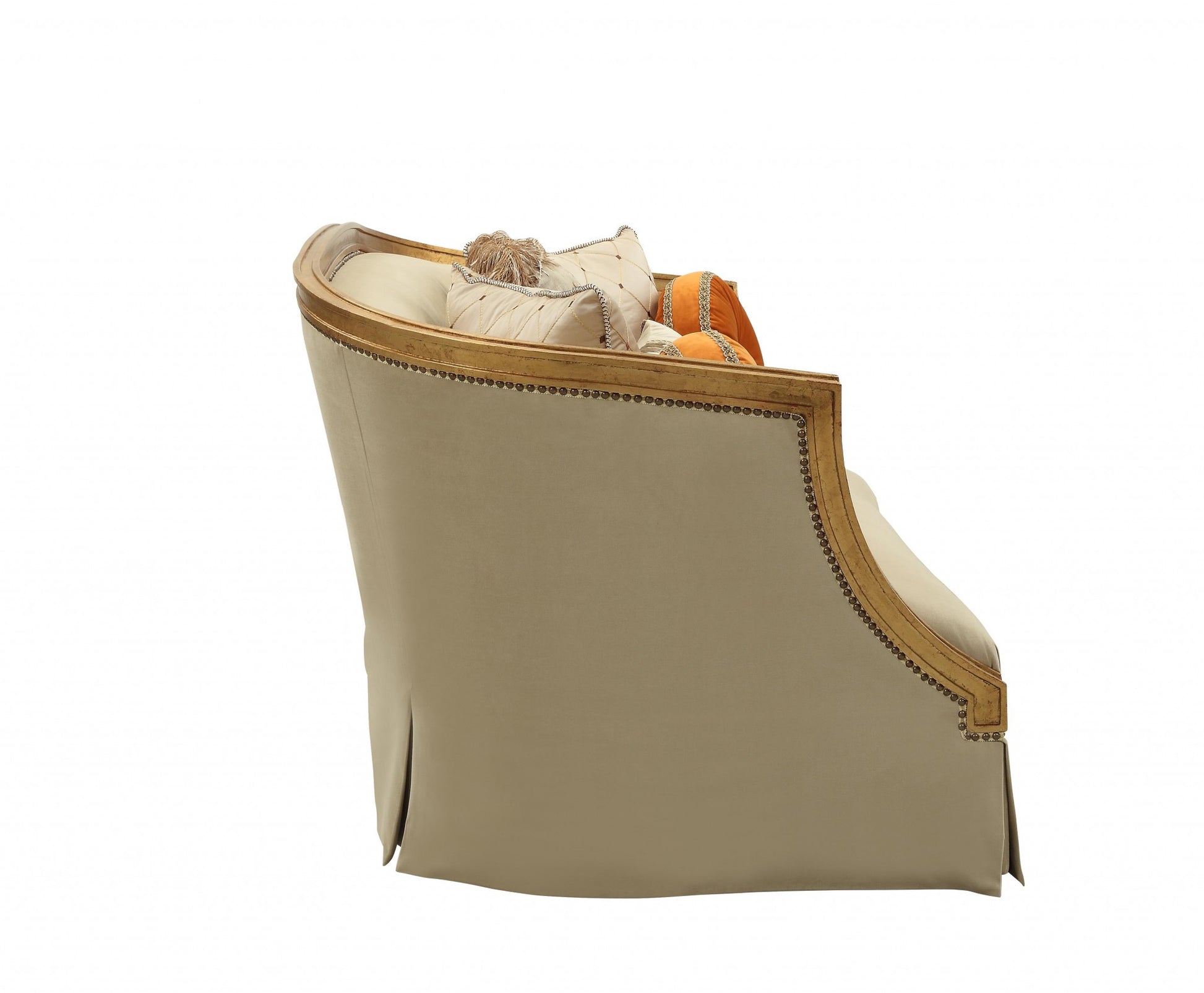 70" Tan And Gold Curved Loveseat and Toss Pillows - Loft&Timber