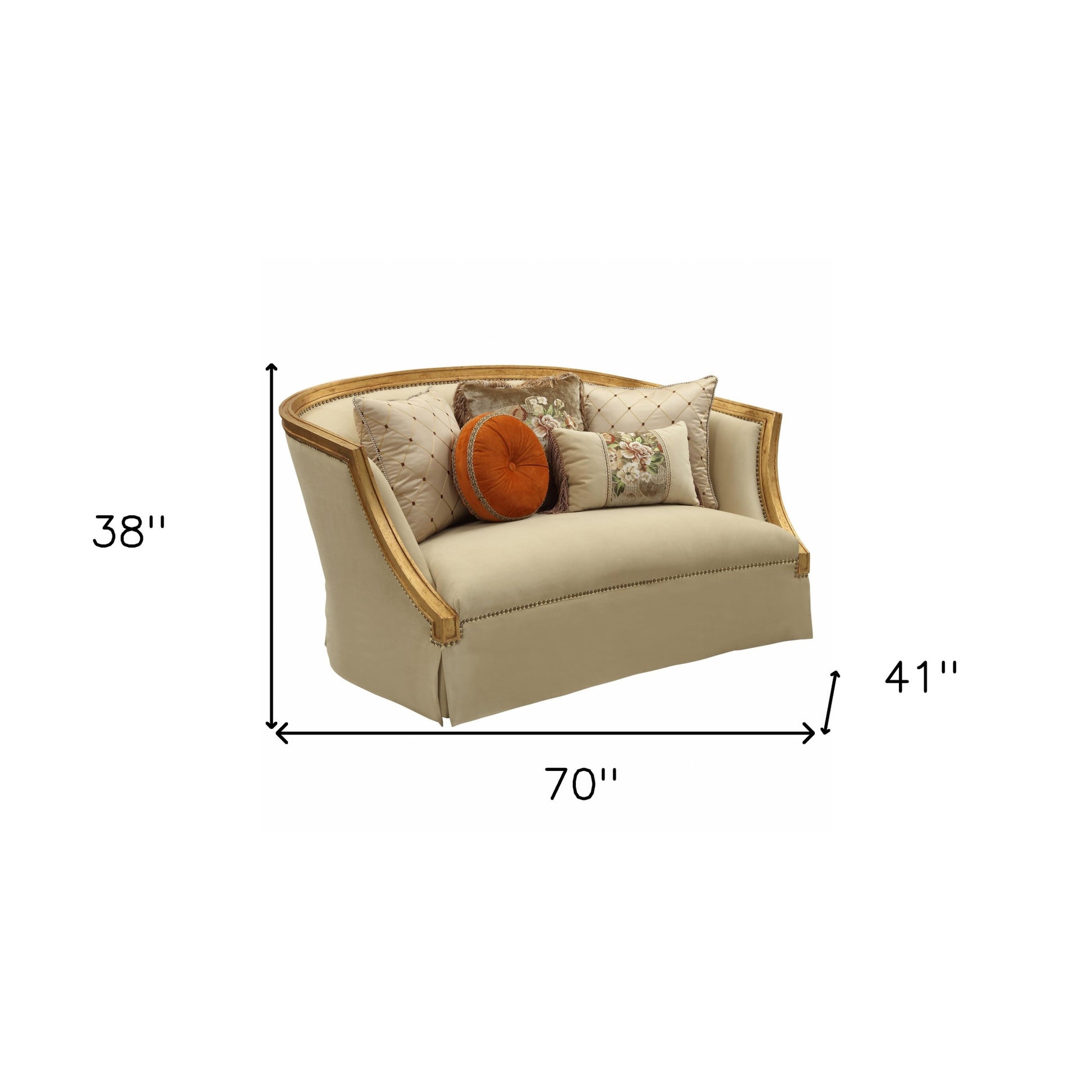70" Tan And Gold Curved Loveseat and Toss Pillows - Loft&Timber