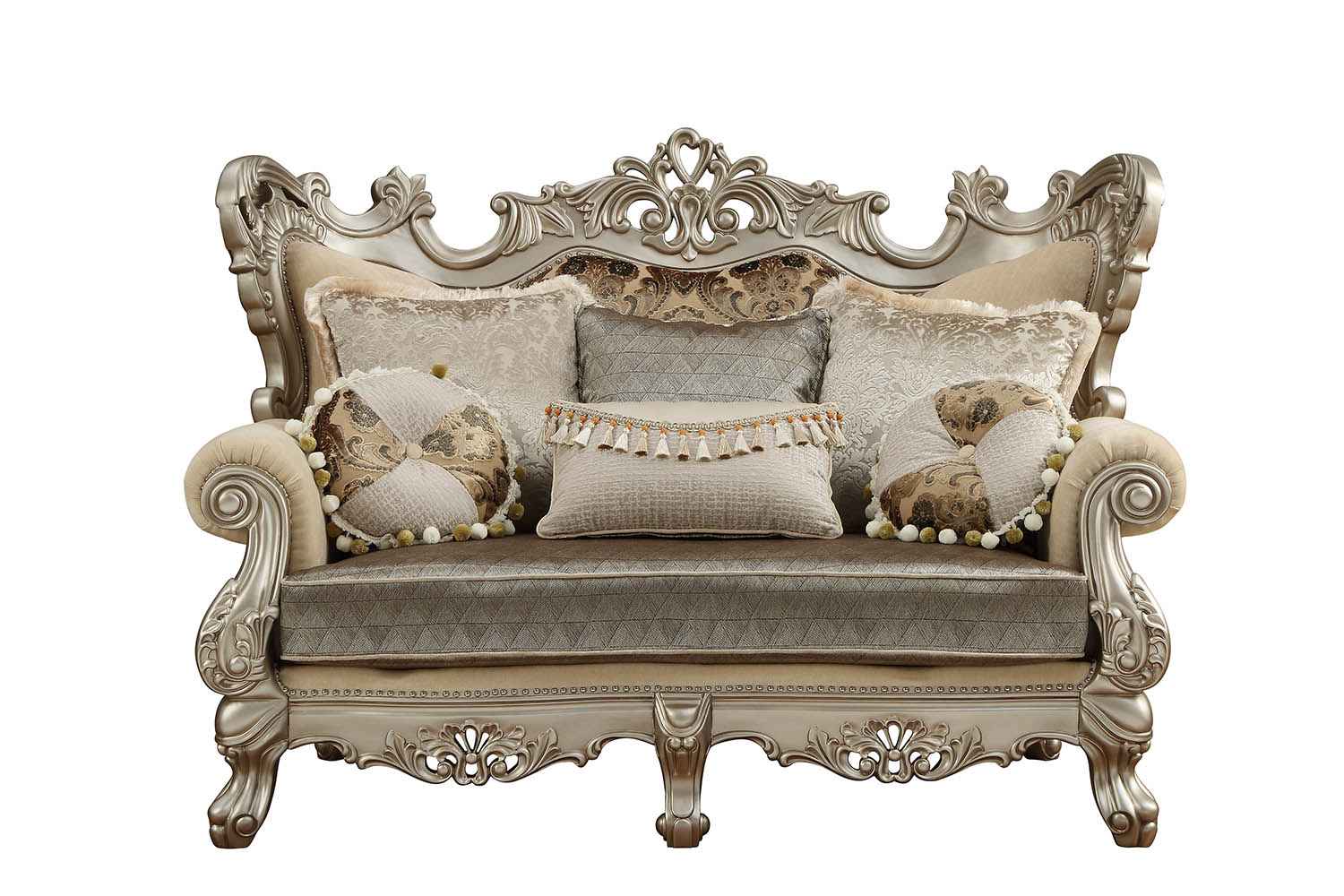 72" Cream And Platinum Damask Chesterfield Loveseat and Toss Pillows - Loft&Timber