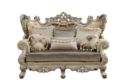 72" Cream And Platinum Damask Chesterfield Loveseat and Toss Pillows - Loft&Timber