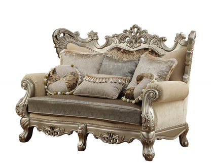 72" Cream And Platinum Damask Chesterfield Loveseat and Toss Pillows - Loft&Timber