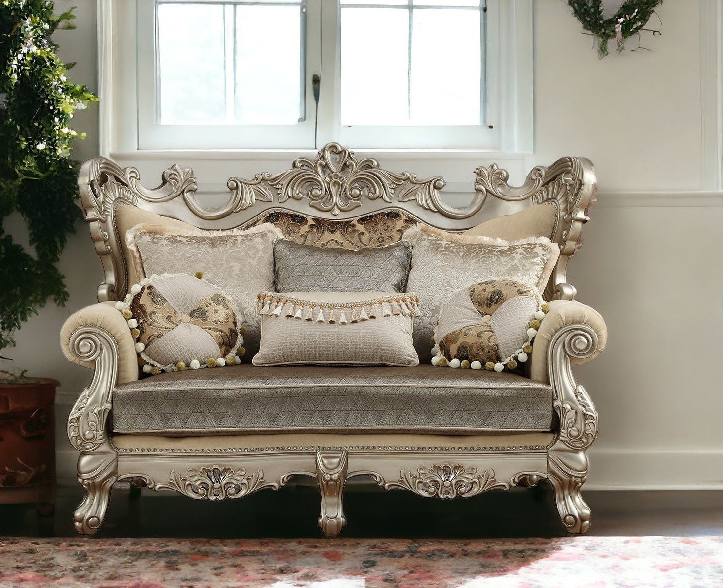 72" Cream And Platinum Damask Chesterfield Loveseat and Toss Pillows - Loft&Timber