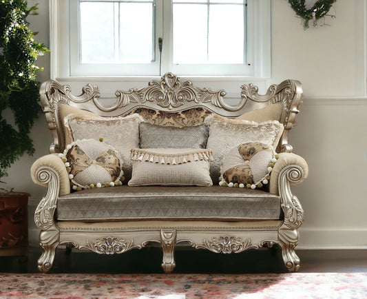 72" Cream And Platinum Damask Chesterfield Loveseat and Toss Pillows - Loft&Timber