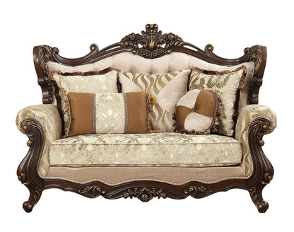 70" Beige and Brown And Brown Damask Loveseat and Toss Pillows - Loft&Timber