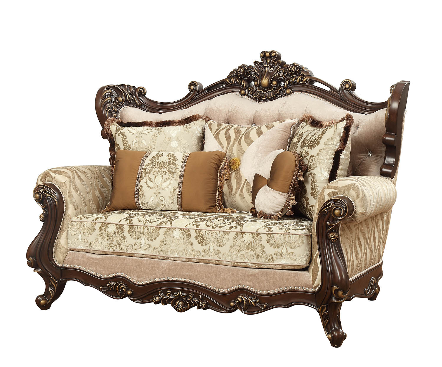 70" Beige and Brown And Brown Damask Loveseat and Toss Pillows - Loft&Timber